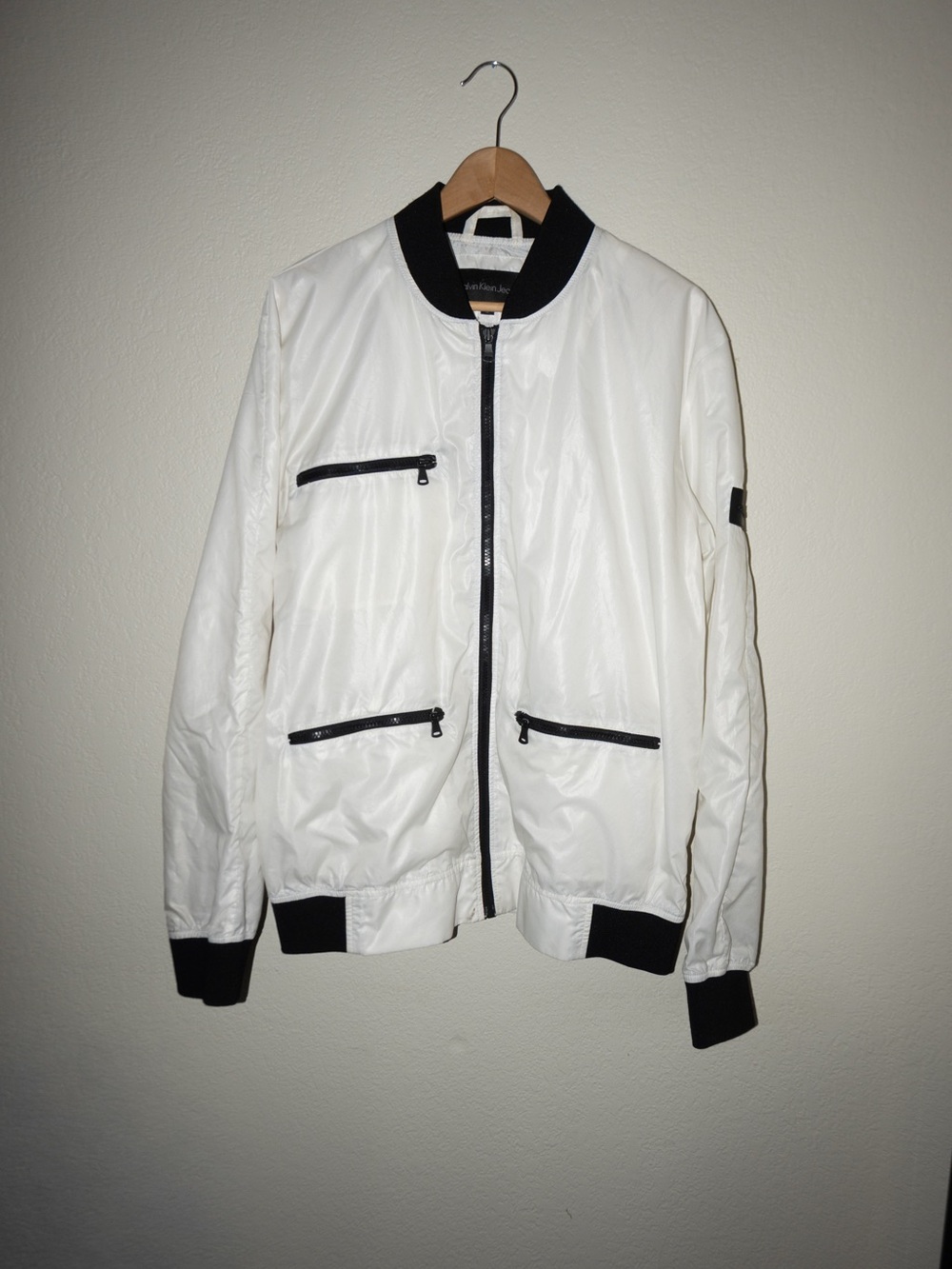 Calvin Klein Jeans White Bomber Jacket | Black Trim | Size XL